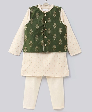 Babyoye Cotton Woven Full Sleeves Kurta & Pajama Set with Jacket Floral Embellished Print - Green