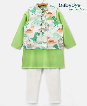 Babyoye Cotton Woven Full Sleeves Kurta & Pyjama Set with Jacket Dino Print - Green
