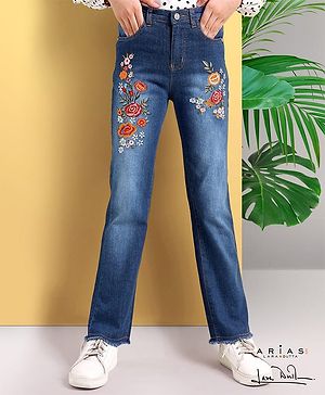 Arias Cotton Stretch Denim with Floral embroidery detail on front - Navy