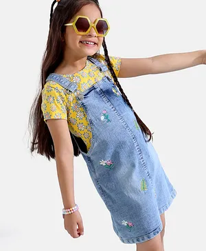 Ollington St. Half Sleeves Floral Top & Elasticated Denim Pinafore With Embroidery- Yellow Blue