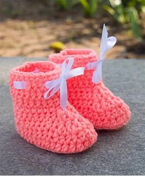 Love Crochet Art Crochet Baby Woolen Booties With Ribbon Lace - Peach