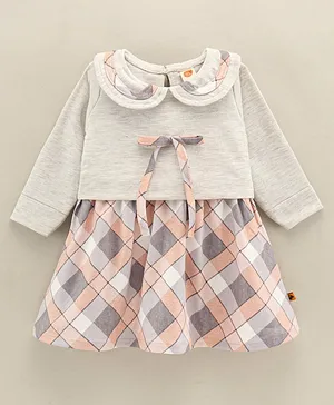 Dew Drops Suede Full Sleeves Checked Winter Frock - Beige Grey