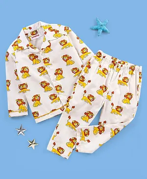 Babyhug Cotton Woven Full Sleeves Night Suit Lion Print - Multicolor