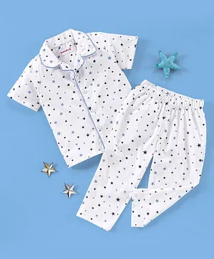 Babyhug Cotton Woven Half Sleeves Night Suit Star Print - White