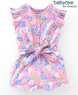 Babyoye Eco-Conscious Cotton with Eco Jiva Sleeveless Abstract Printed Jumpsuit with Fabric Belt - Pink & Blue