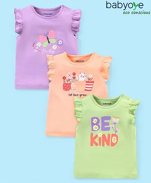 Babyoye Eco-Conscious Cotton Knit with Eco Jiva Finish Frill Sleeves T-Shirt Floral Print Pack of 3 - Purple Peach & Green