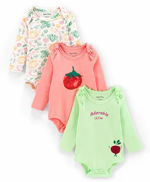 Bonfino Cotton Interlock Fabric Full Sleeves Onesies Cherry Print Pack Of 3 - Peach Green