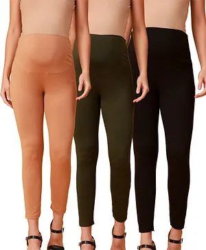 Morph Pack Of 3 Use For Nine Months & More Solid Ankle Length Maternity Leggings Supports Belly & Back - Beige Black & Olive Green