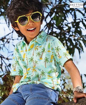 Babyhug cotton Half sleeves Knit boys shirt Surf Print- Blue