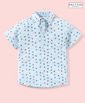 Babyhug Half Sleeves Cotton Knitted Airplane Print Shirt - Light Blue
