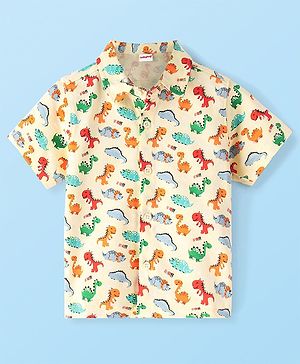 Babyhug Cotton Knit Half Sleeve  Regular Collar Dino Printed Shirt - White