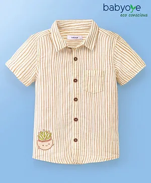 Babyoye Cotton Linen Woven Half Sleeves Shirt Striped With Plant Embroidered - Off White & Brown