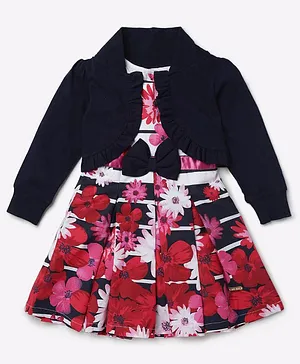 612 League Full Sleeves Daisy Floral Printed Dress With Shrug - Navy Blue