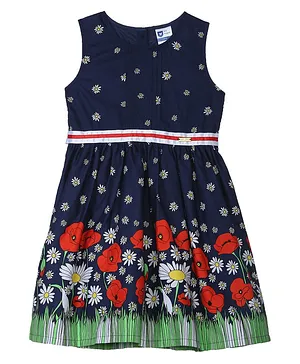 612 League Sleeveless All Over Flower Grass Bottom Printed Fit & Flare Dress  - Navy Blue