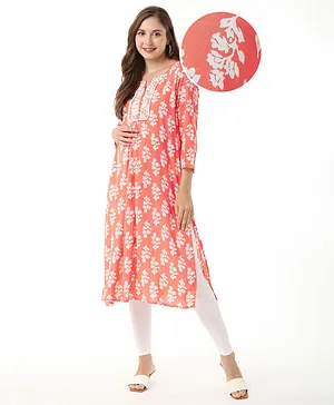 Bella Mama Woven All Over Butti Pleated With Handwork Maternity Kurta With Pocket - Orange