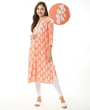 Bella Mama Woven All Over Butti Pleated With Handwork Maternity Kurta With Pocket - Orange