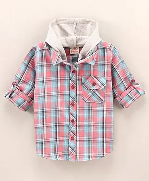 Rikidoos Full Sleeves Plaid Checked Hooded Shirt - Pink & Blue