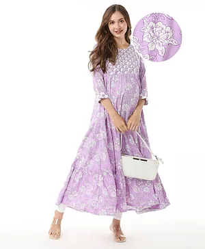 Bella Mama Woven Three Fourth Sleeves Flower Print With Embroidered Yoke Maternity Kurta with Pocket - Lilac