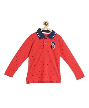 612 League Full Sleeves All Over Bird Printed & Eight Number Detailed Polo Tee - Red