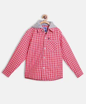 612 League Full Sleeves Checked & Hooded Shirt - Red