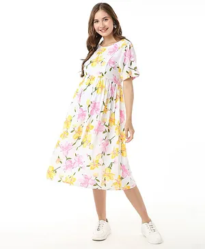 Bella Mama Soft Rayon Big Flower Print Maternity Dress With Pocket - White