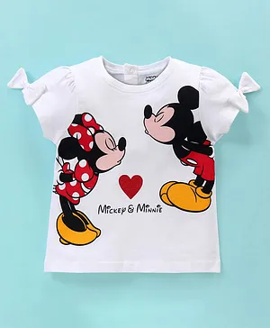 Babyhug 100% Cotton Half Sleeves Tee With Mickey & Minnie Print & Bow Detailing- White