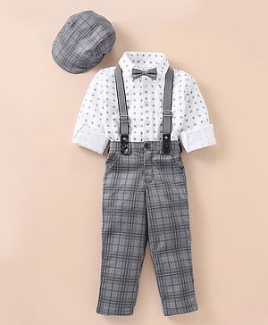 Babyhug Lycra Blend Full Sleeves Shirt & Trousers With A Suspender & Hat Checked- White & Grey
