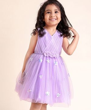 Babyhug Sleeveless Pleated Yoke Party Frock With Corsage And Sequined Detailing - Lavender