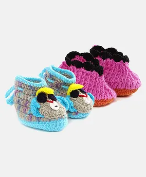 MayRa Knits Pack of 2 Hand Knitted Animal & Lace Design Booties - Blue & Pink