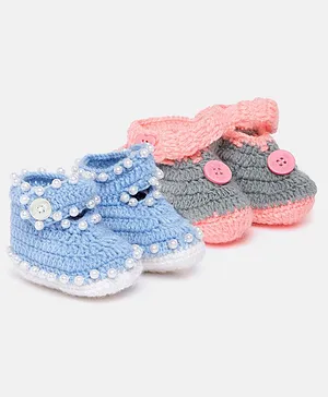 MayRa Knits Pack Of 2 Hand Knitted Booties - Blue
