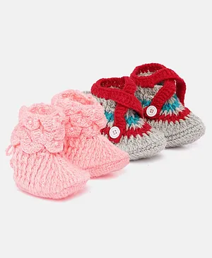 MayRa Knits Pack of 2 Hand Knitted Pearl Embellished & Color Block Design Booties - Pink & Multi Color