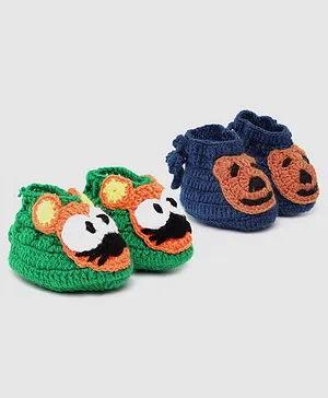 MayRa Knits Pack Of 2 Hand Knitted Animals Design Booties - Green & Blue