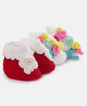 MayRa Knits Pack of 2 Hand Knitted Floral Design Booties - Red & White