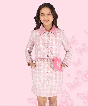Cutecumber Full Sleeves Suede And Chenille Foil Butterfly Print Checkered Shift Dress - Pink