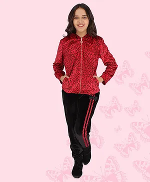 Cutecumber Fleece And Chenille Full Sleeves Animal And Side Tape Print Winter Tracksuit - Red