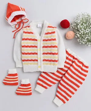 Little Angels Full Sleeves Striped Front Open  Sweater With Pant Cap And Socks -  White Orange