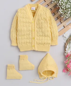 Little Angels Full Sleeves Self Design Front Open Sweater With Cap And Pair Of Socks - Yellow