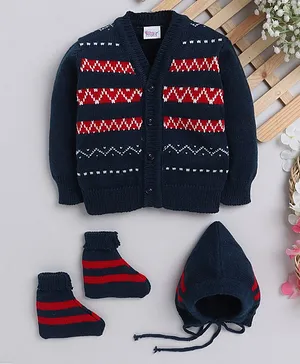 Little Angels Full Sleeves Design Detail Front Open Sweater With Cap And Pair Of Socks - Navy Blue Red