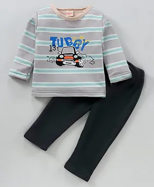 Kidofash Full Sleeves Rugby Striped & Car Printed Fleece Tee With Solid Pant - Green & Grey