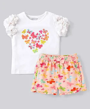Babyoye Eco Conscious Cotton Floral Printed Half Sleeves T-Shirt & Shorts - White Peach