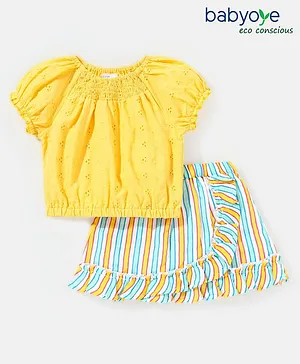 Babyoye 100% Cotton Eco Conscious Gauze Printed Half Sleeves Top & Elasticated Skirt Set - Yellow