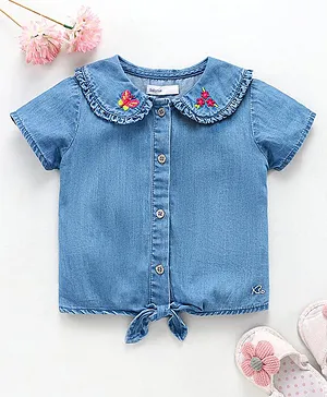 Babyoye Eco Conscious Denim Half Sleeves Top Flower Embroidered - Blue