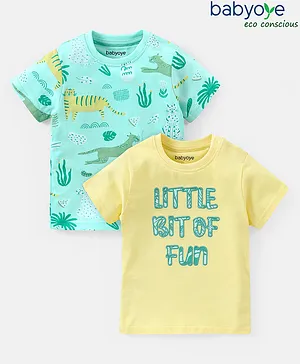 Babyoye 100% Cotton Half Sleeves T- Shirts Tiger and Text Print  - Yellow & Green