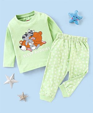 Babyhug Cotton Knit Full Sleeves Night Suit Bear Print - Green