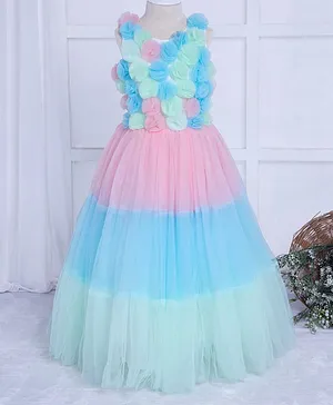 Ministitch Sleeveless Soft Tulle Floral Embellished Bodice Fit & Flare Party Wear Ball Gown - Blue & Pink