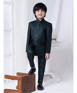 Ministitch  Full Sleeves Solid Jodhpuri Style  Bandh Gala Coat With Pant - Green
