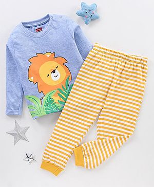 Babyhug Cotton Full Sleeves Night Suit Lion & Stripes Print- Blue & Yellow