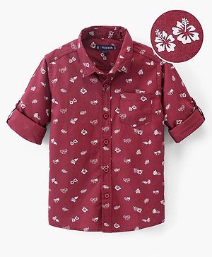Pine Kids Cotton Turn Up Full Sleeves Shirt Floral Print - Maroon