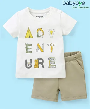 Babyoye 100% Organic Cotton with Eco Jiva Finish Half Sleeves Adventure Printed T-Shirt & Striped Shorts - White & Green