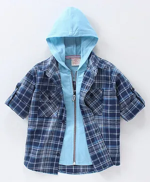 Rikidoos Full Sleeves  Tartan Checked Hooded Shirt With Attached Tee - Blue